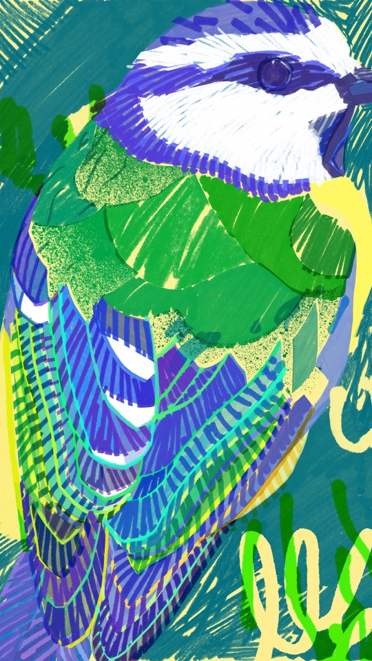 青緑の地に、緑と青、黄の鮮やかな筆致で羽を描き込まれた小鳥が装飾的に描かれます。