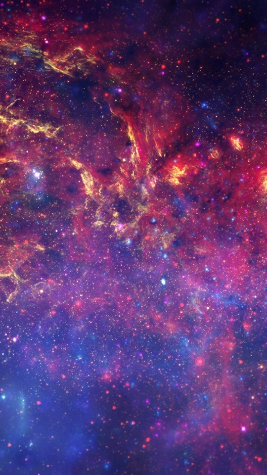 紫と青の宇宙空間に、オレンジやピンクに輝く星雲と無数の星が広がるデジタルアート。