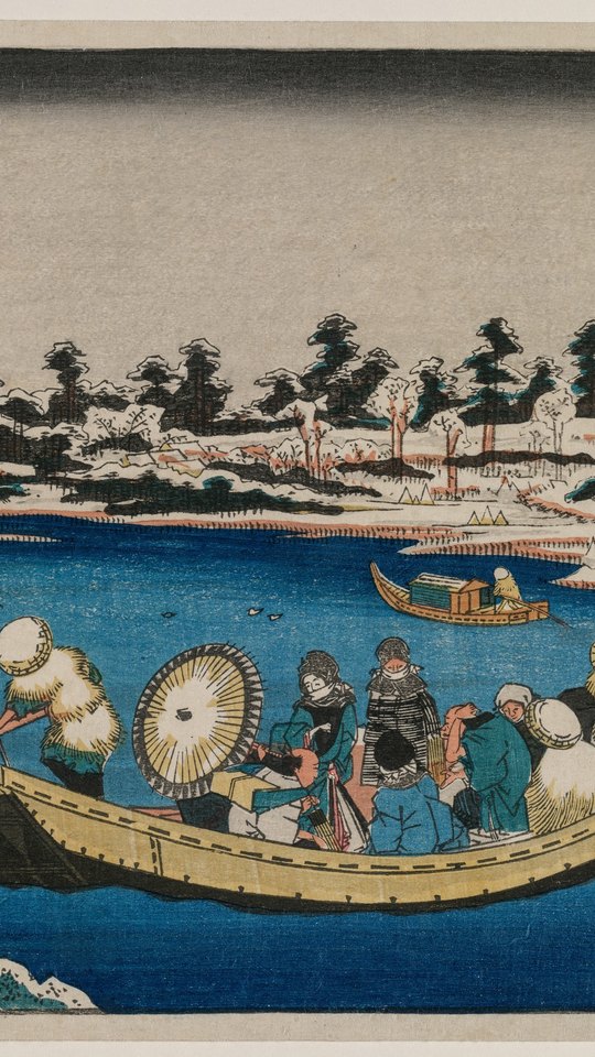 渓斎英泉の浮世絵。雪の日の隅田川に浮かぶ舟と、傘の人影、雪の岸辺。