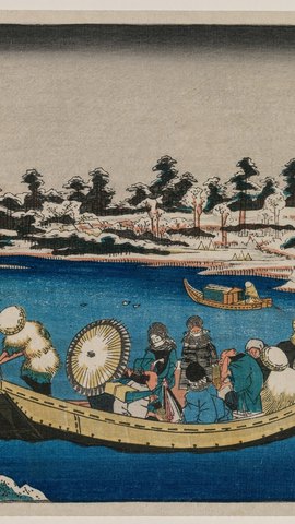 渓斎英泉の浮世絵。雪の日の隅田川に浮かぶ舟と、傘の人影、雪の岸辺。