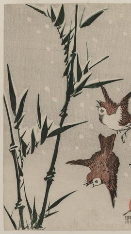 渓斎英泉の花鳥版画。雪の降る中、竹の枝に雀が二羽とまる。