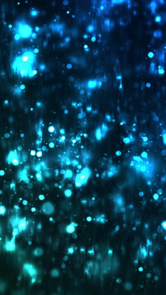 暗い背景に、青と水色の光の粒が雨のように降り注ぐ抽象的なデジタルアート。