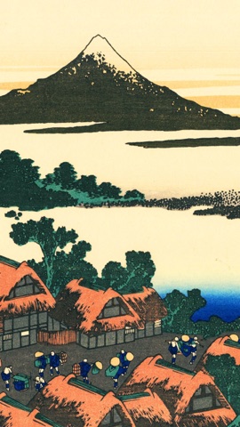 富士と茅葺きの里の浮世絵