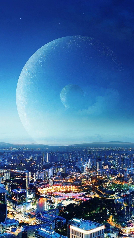 青い夜空に大きな惑星が浮かび眼下に灯りの街が広がる合成画。