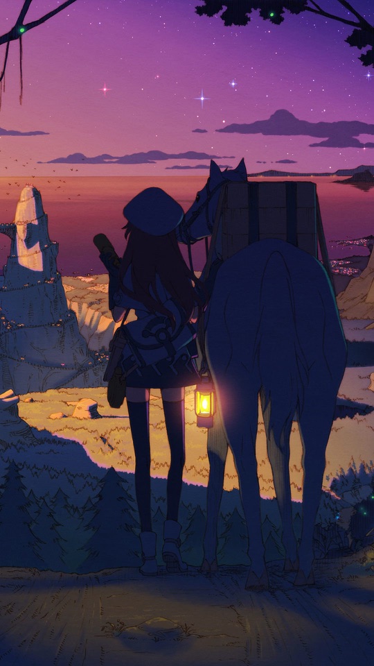 夕暮れの丘に立つ人物と馬が谷を見下ろしランタンの灯りがともっています。
