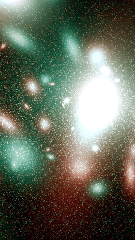 暗い宇宙に、緑と白に明るく輝く銀河や星が散らばる幻想的なデジタルアート。