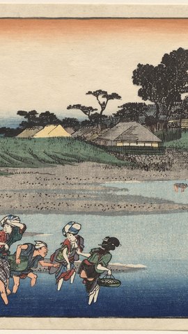 歌川広重の浮世絵。干潟で貝を拾う人々と、遠くの帆船、淡い空。