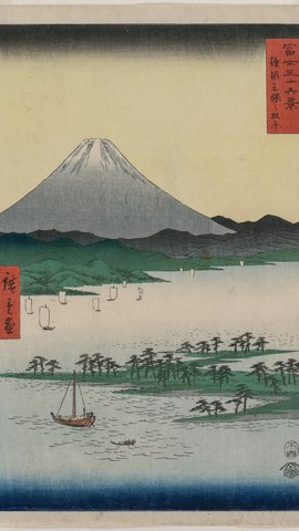 歌川広重の浮世絵。青い海と帆船の向こうに、雪をかぶった富士山が立つ。