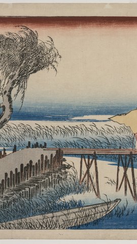 歌川広重の浮世絵。強風に枝をしならせる柳と、笠を追いかける旅人。