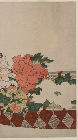 葛飾北斎の摺物。籠に活けられた紅と白の牡丹と緑の葉。