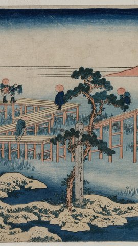 葛飾北斎の浮世絵。菖蒲の咲く湿地をジグザグに渡る板橋と、渡る人々。