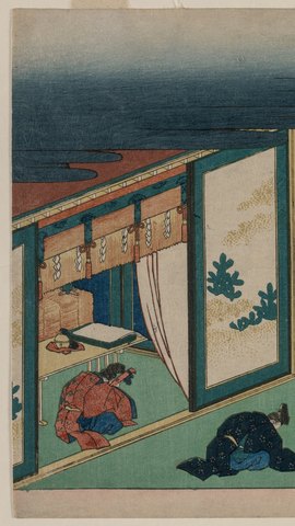 葛飾北斎の浮世絵。御簾のかかった屋敷の縁側で夜の月を眺める人々。