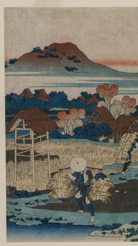 葛飾北斎の浮世絵。稲を刈り取る農民たちと、田んぼの向こうの山と空。
