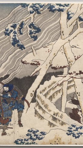 葛飾北斎の浮世絵。雪の山里で焚き火を囲む人々と、雪をかぶった山小屋。
