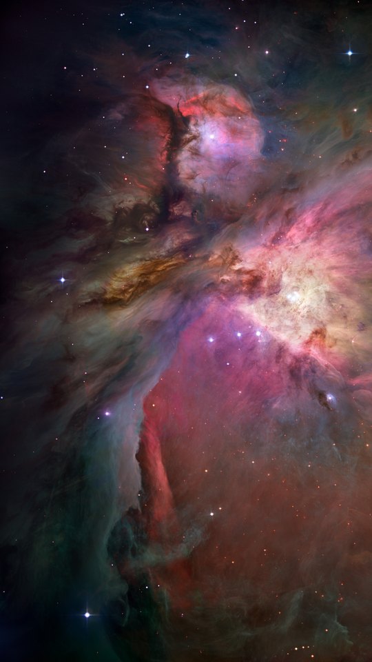 ハッブル宇宙望遠鏡の画像。褐色と赤のガス雲の中に、青白い光を放つ星の群れ。