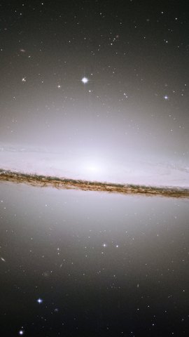 ハッブル宇宙望遠鏡の画像。黒い宇宙に、暗い塵の帯で縁取られた白い円盤状の銀河が横たわる。