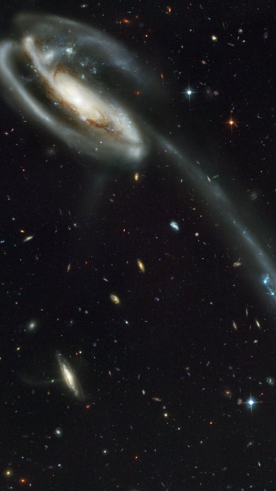 ハッブル宇宙望遠鏡の画像。黒い宇宙に長い尾を引く銀河と、背景に散らばる無数の小さな銀河。
