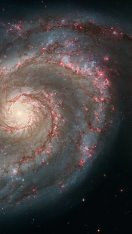 ハッブル宇宙望遠鏡の画像。青い渦巻きの腕に赤い星形成領域が点在する銀河。
