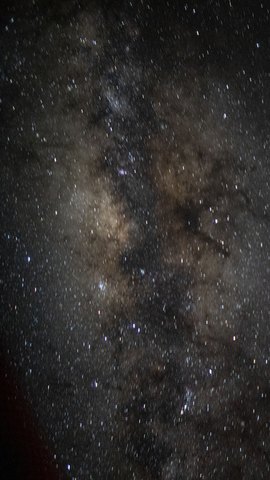 国際宇宙ステーションから撮った天の川。無数の星と暗い塵の帯が画面を埋め、左下に宇宙船の暗い影がかすかに写る。