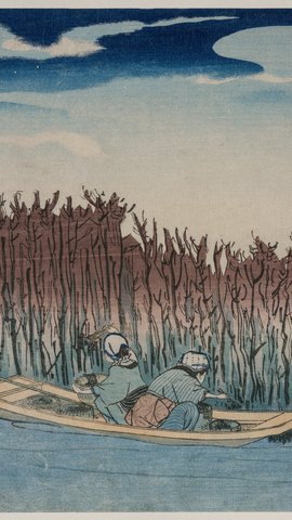 歌川国芳の浮世絵。青い海辺で網を引く漁師たちと、遠くの帆船。