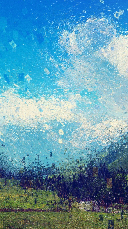 筆致を感じる絵画調のタッチで、青い空と緑の丘、遠くの森を描いた風景のデジタルアート。