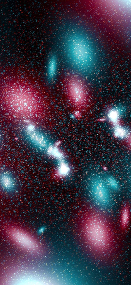 暗い宇宙に、桃色と水色の光と無数の星の粒子が散る抽象的な写真。