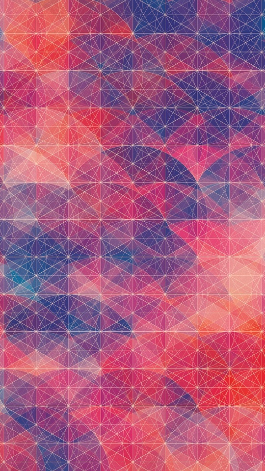 桃色や赤、紫の三角形が細い線で網目状に連なる幾何学模様です。