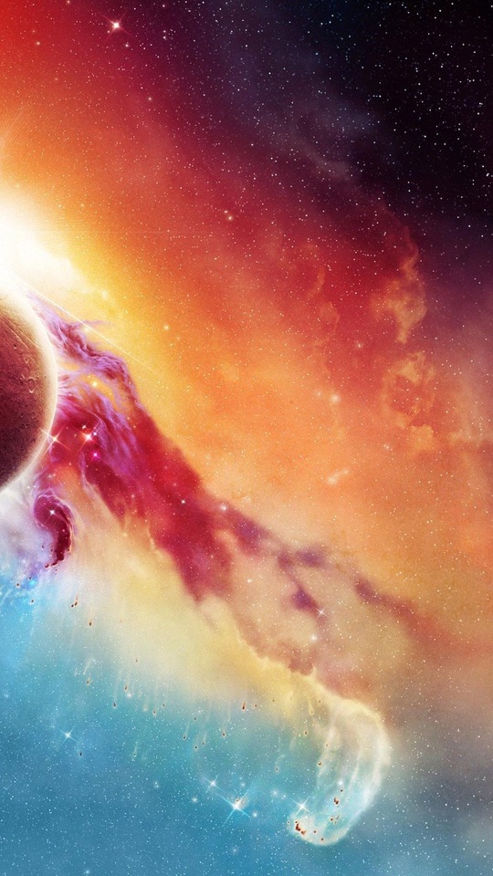 星空の中、左に暗い惑星が浮かび、橙や赤、水色の星雲が斜めに広がります。