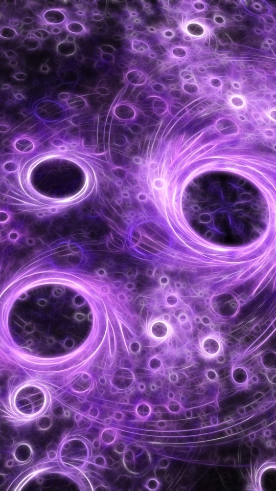 紫の背景に光る輪や渦が無数に浮かぶ幻想的な抽象画。