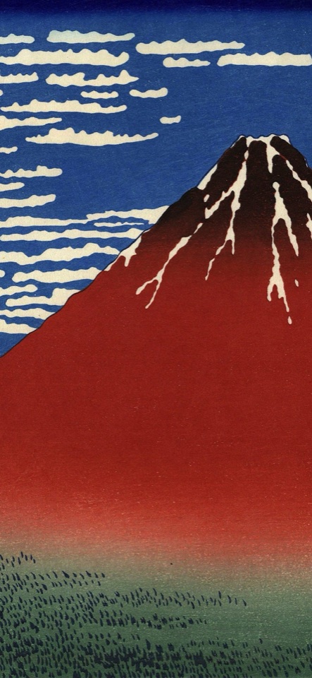 青空にたなびく白い雲を背に、赤茶色の富士山を描いた浮世絵風のイラスト。