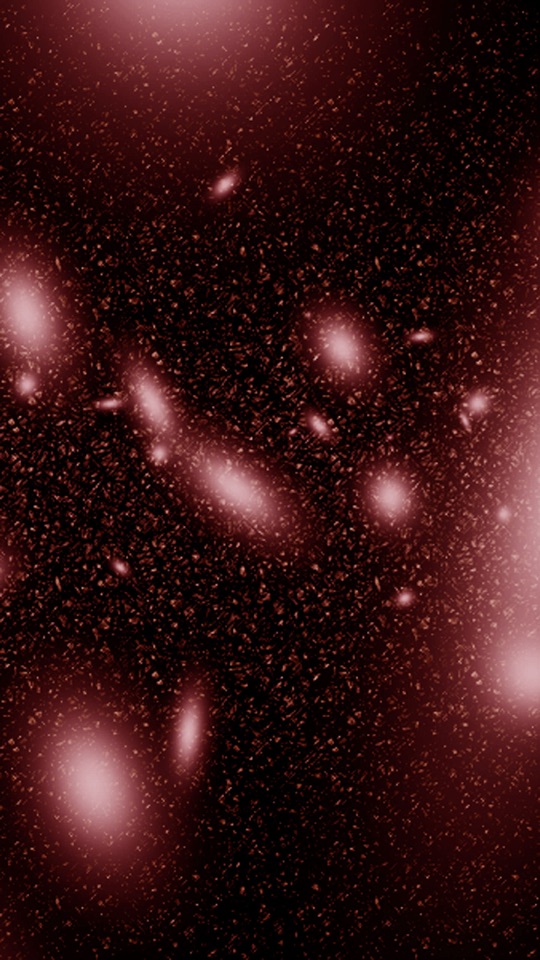 暗い宇宙に、赤とピンクにぼやける無数の銀河や星が散らばる幻想的なデジタルアート。