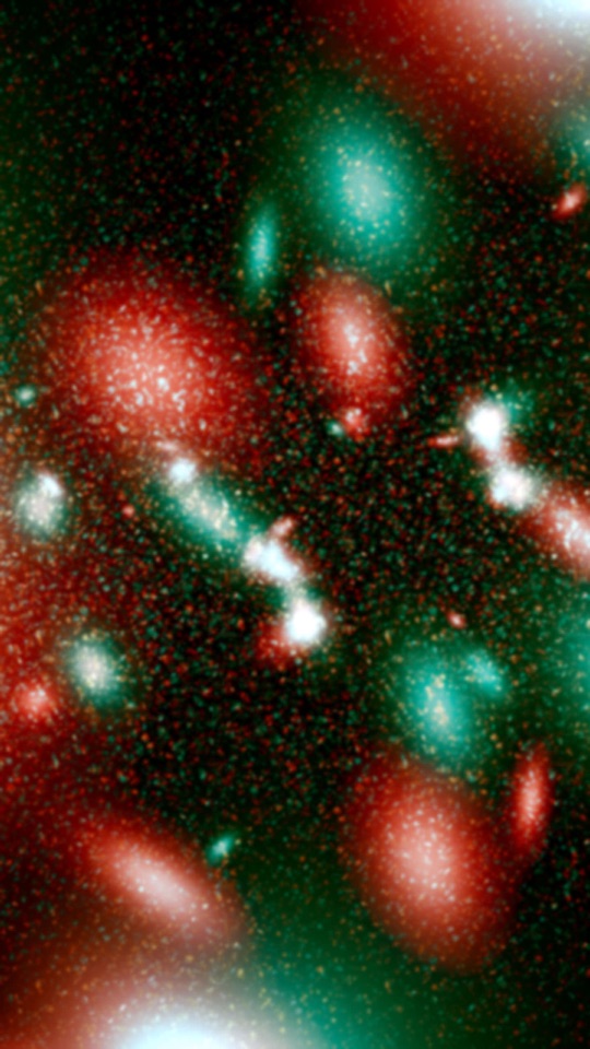 暗い宇宙に、赤と緑にぼやける無数の銀河や星が散らばる幻想的なデジタルアート。