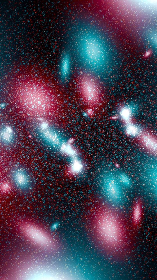 暗い宇宙に、赤と青緑にぼやける無数の銀河や星が散らばる幻想的なデジタルアート。