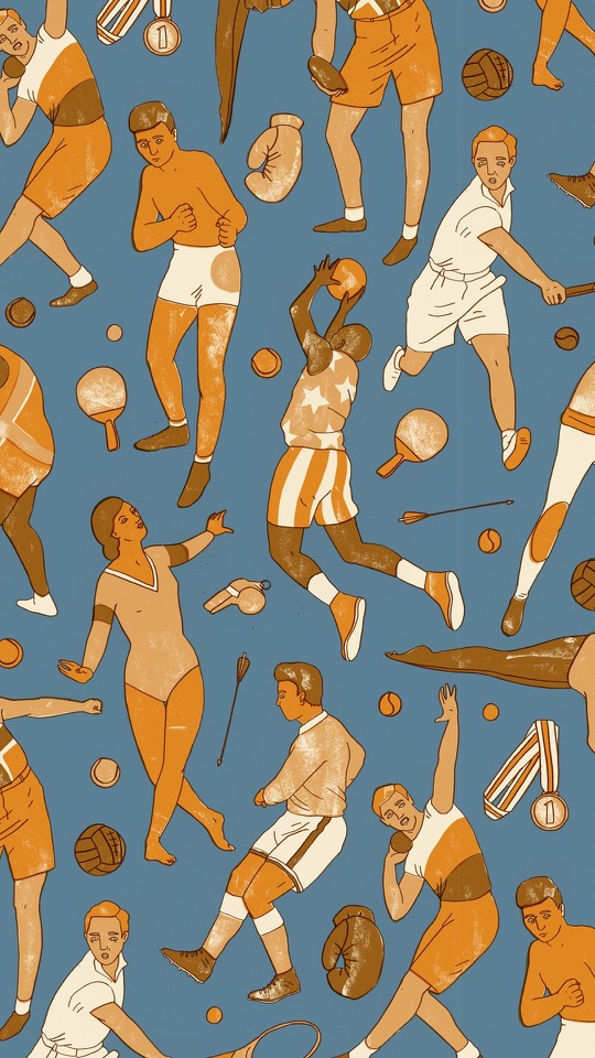 青い地に、橙と生成りで描かれた昔ふうのスポーツ選手たちが一面に散りばめられます。