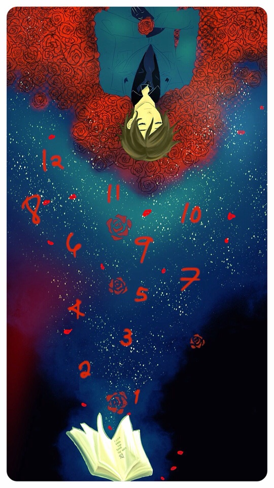 赤い薔薇に横たわる人物と落下する時計の数字を描いた青いイラスト。