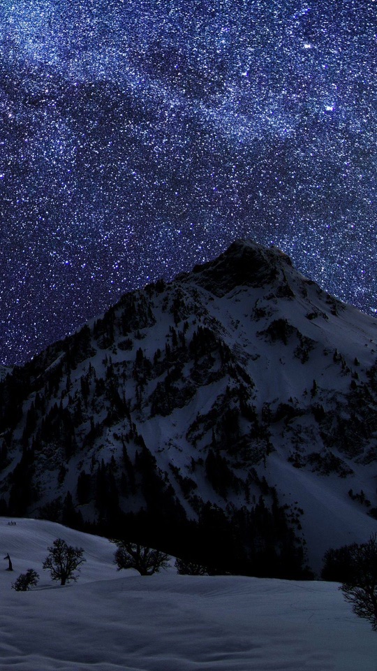 無数の星が瞬く夜空の下に雪をかぶった鋭い峰と雪原が沈む。