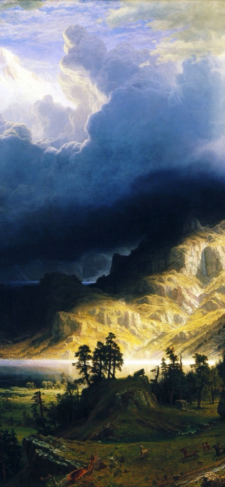 渦巻く嵐雲の下、岩山と木立が広がる絵画風の山岳風景。