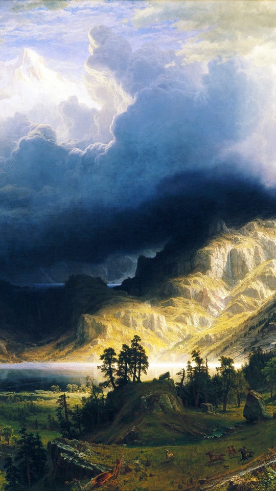 厚い嵐雲が垂れ込める空の下、岩山と木立、草原を絵画調に描いた風景のデジタルアート。