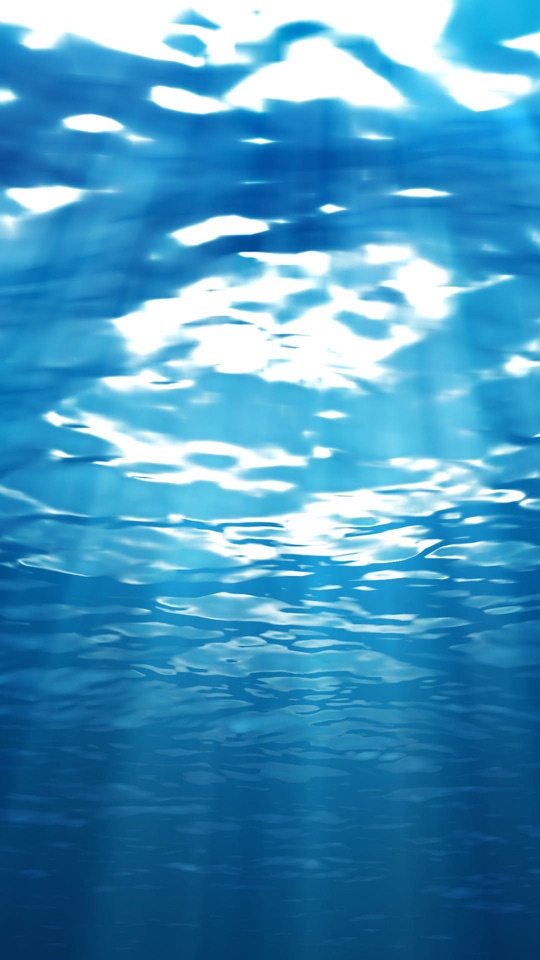 青い水中に、水面から幾筋もの光の帯が差し込み、さざ波が明るく揺らめきます。