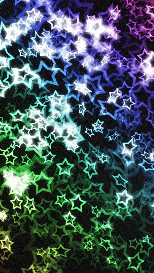 黒い背景に、紫や緑、青に発光する大小の星形が散りばめられた抽象的なデジタルアート。
