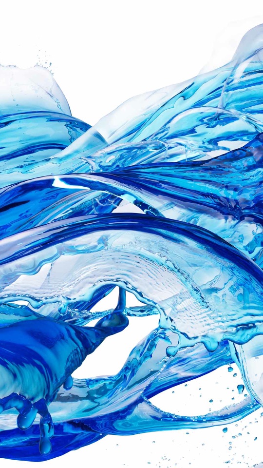 白い背景に青い水がねじれ渦を巻きながら飛沫を上げる抽象画。