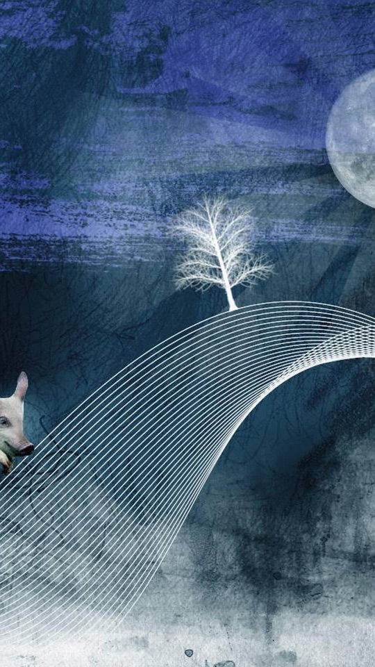 青い夜のテクスチャの中に、満月と白い枝の木、弧を描く白い線と小さな動物が描かれています。